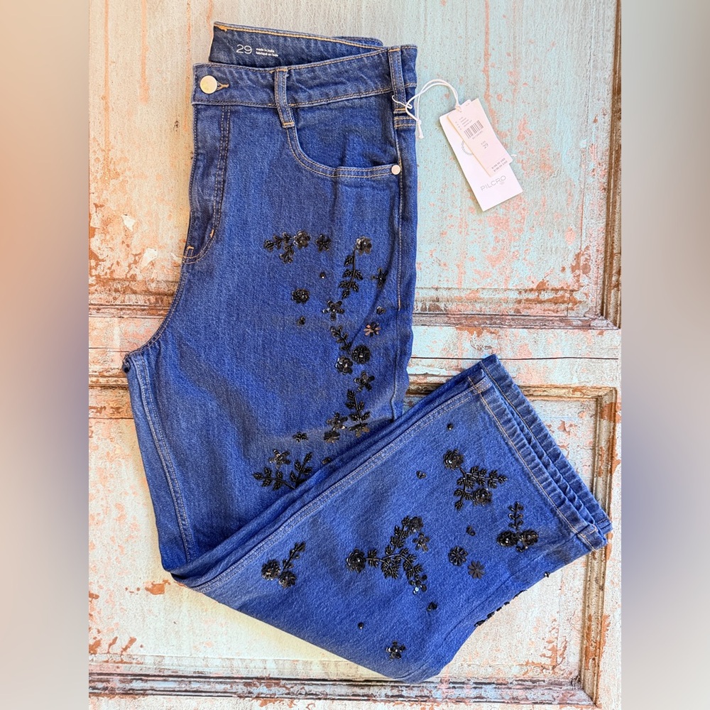 Anthropologie Embellished Sequined Annie High Rise Straight Leg Ankle Jean